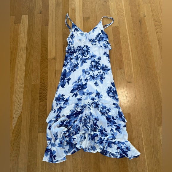 Island Time Blue and White Floral Print Ruffled Midi Dress by LULU's - Picture 9 of 16